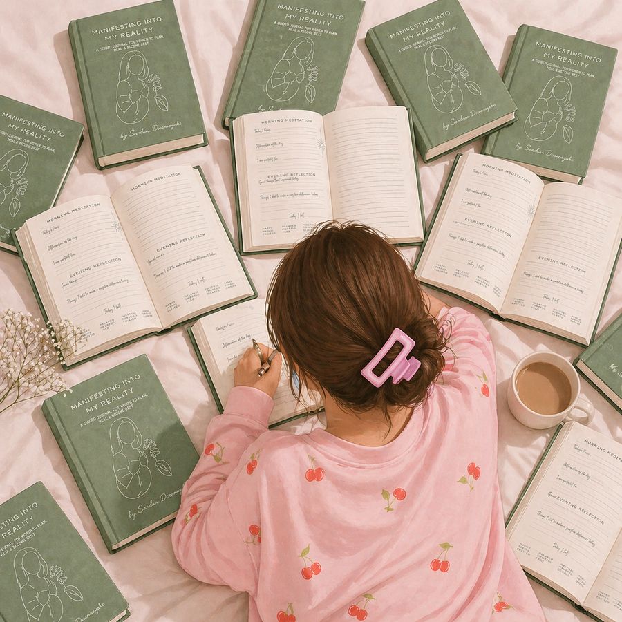 A woman in pink pyjamas writing in her journal on a bed surrounded by open journals and a cup of coffee